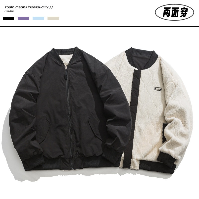 男女兼用リバーシブルラムウール中綿ジャケットベルベット厚手野球ジャケットアメリカンパイロットジャケット中綿ジャケット