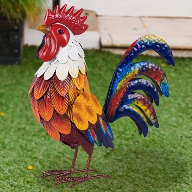 ニワトリ 置物 彫刻 動物 鳥 雄鶏像 庭 ガーデン 装飾 屋外 金属 カラフル レトロ 可愛い インポート 芝生 飾り 赤 レッド 青 ブルー ガーデニング