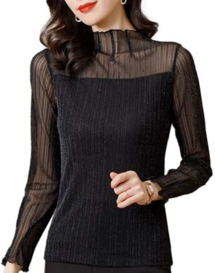 シアーラメトップス 裏地付き ストレッチ素材 ハイカラー 長袖 透け感 コリアンファッション れでぃーす 出勤オケージョン 通気性 十分袖 凹凸生地 おしゃれブラウス(ブラック, L)