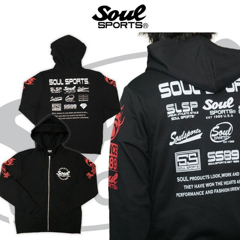 ソウルスポーツ オリジナル メンズ 長袖 ジップパーカー レジェンドロゴ デザイン フェス ツアーデザイン ジップアップパーカー 裏パイル生地 ブラック 全1色