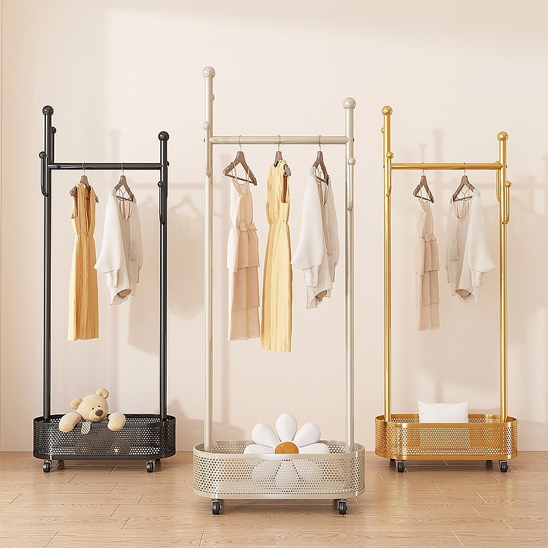 取り外し可能な車輪付きコートラック床置き型寝室用洋服ハンガークリームスタイル錬鉄製洋服ハンガー汚れた洋服バスケットハンギングハンガー