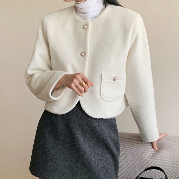 韓国ファッション ボタンポイント ノーカラー モヘア ショート ウール ジャケット