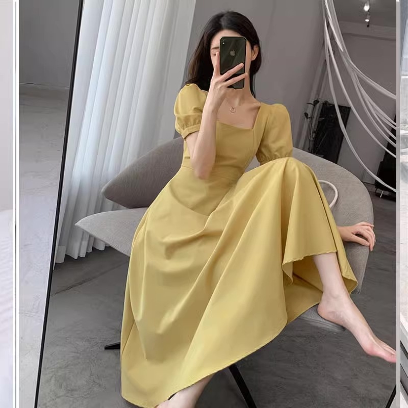 レディース ドレス パーティードレス ワンピース ふんわり袖 バルーンスリーブ ロング丈 スクエアネック イエロー レッド ブラック 黄色 赤 黒 結婚式 ２次会 お呼ばれ パーティー