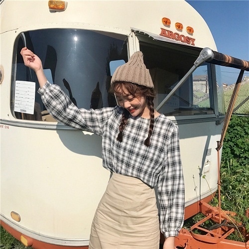 2010.チェック柄パフスリーブトップス(ブラック)