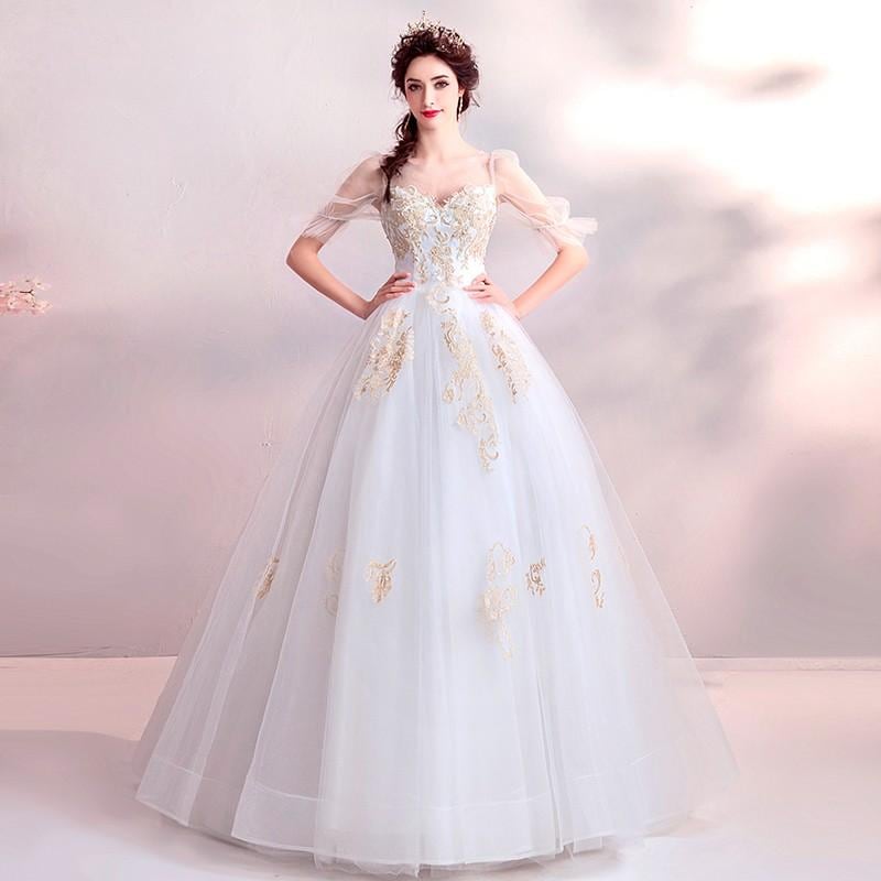 ウェディングドレス 袖あり 白 二次会 大きいサイズ 安い 結婚式 ブライダル パーティー 花嫁 ロングドレス 披露宴 プリンセス