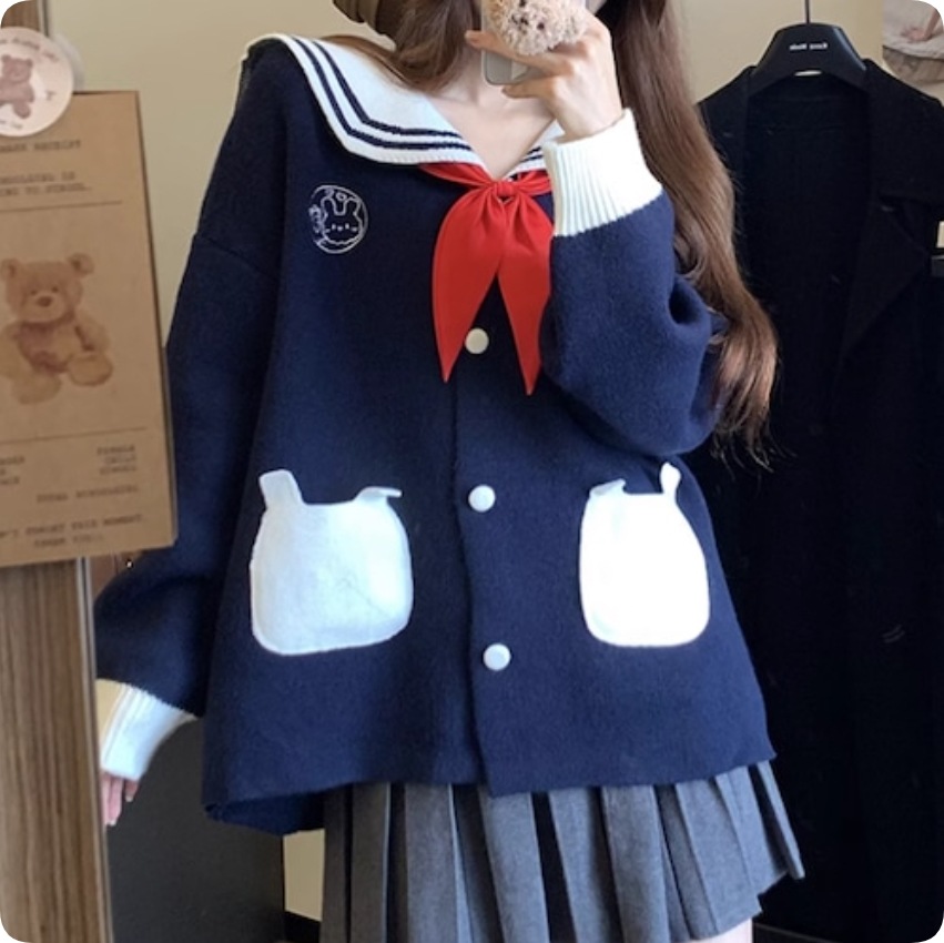 素敵な 学生 コスプレ ネイビーカラー 長袖 ニット ジャンパー ジャケット カーディガン シック 全3カラー　うさ耳付きセーラー襟カーディガン