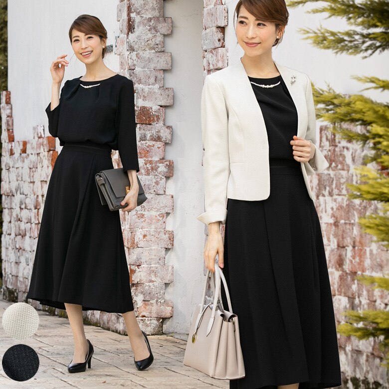 ショートカラーレスジャケット＆メタルパーツ付きブラウス ＆ ロングフレアスカート 3点セット 15,980円