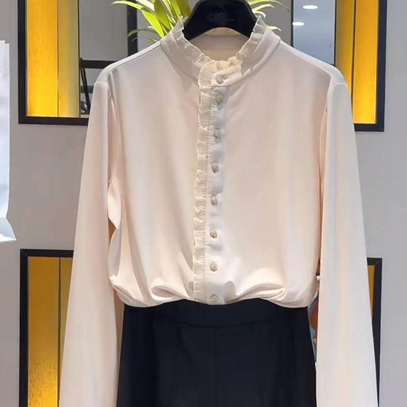 スタンドカラー シャツ レディース 春秋 トップス シフォン 長袖 前開き ボタン フリル スリム フィット オフィス カジュアル おしゃれ 無地 アプリコット 黒 赤 大きいサイズ