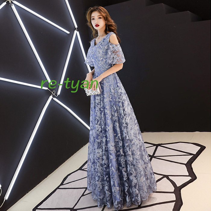 パーティードレス ロングドレス イブニングドレス Vネック 成人式 忘年会 結婚式 フォーマル Aライン 肩出し 五分袖 花柄 レース 大きいサイズ ハイウエスト