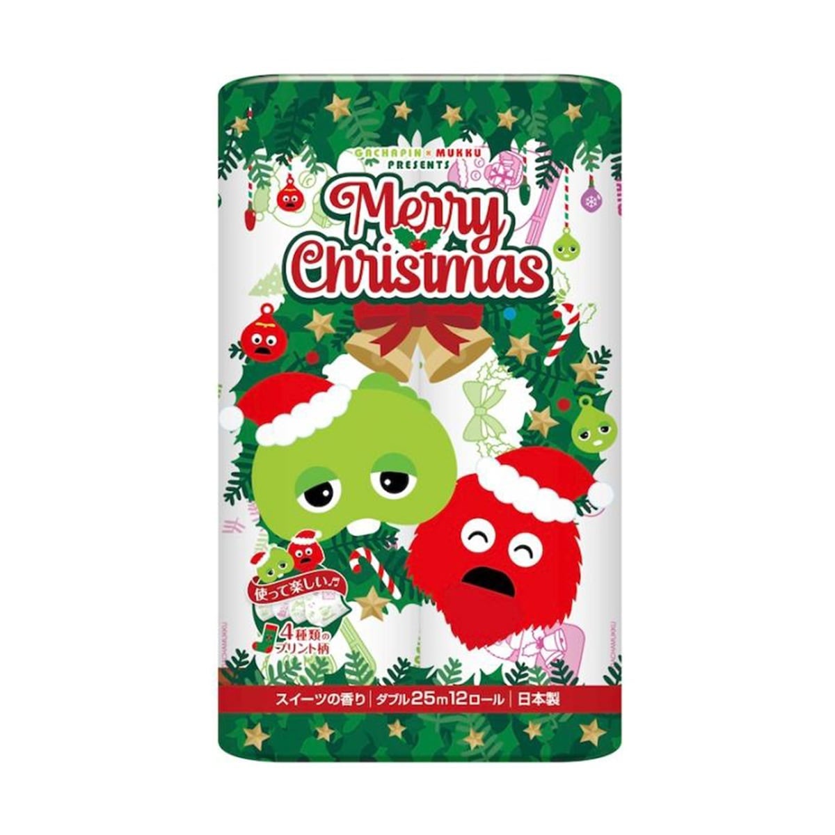 トイレットペーパー 丸富製紙 ガチャピン・ムック クリスマス プリント柄入り 芯有り フェアリーエンボス加工 再生紙100% スイーツの香り ダブル25m 12ロール入り X8パック