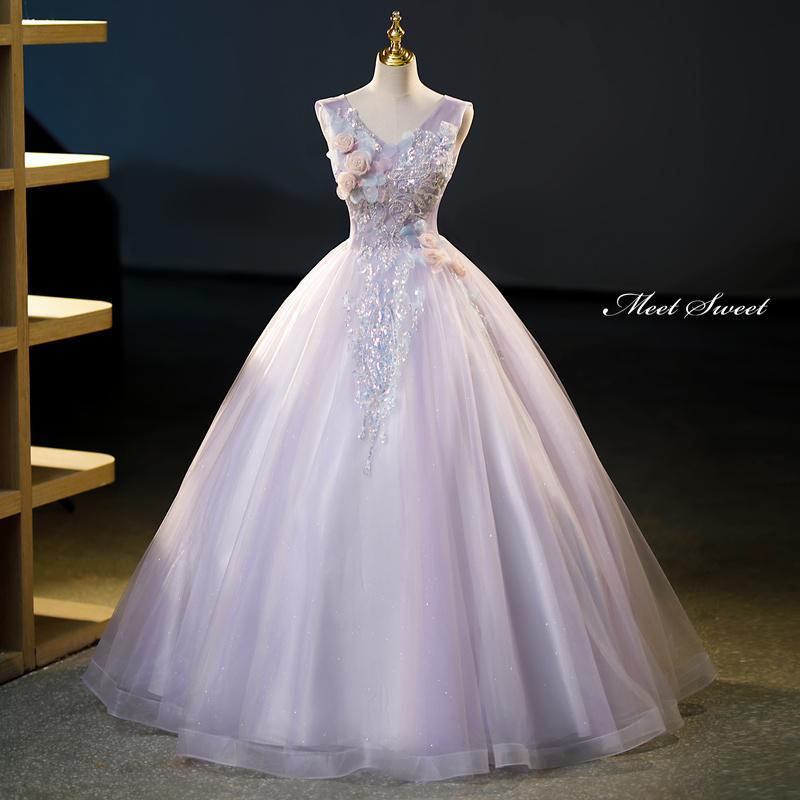 カラードレス プリンセスライン パープル 紫 袖なし ビーズ 花 ロングドレス ウェディングドレス 結婚式 二次会 花嫁 前撮り 演奏会 発表会 ステージ衣装