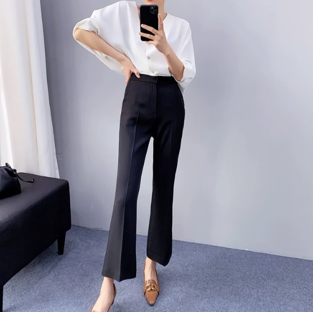 レディース パンツ ボトムス ロングパンツ 9分丈 アンクル丈 セミフレア スリム ポケット ハイウエスト 大人可愛い きれいめ シンプル 上品 おしゃれ かっこいい レトロ アジアン
