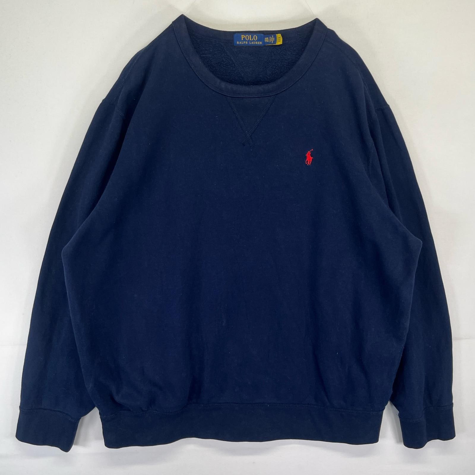 古着 スウェット トレーナー ワンポイントロゴ 前Vクルーネック 大きいサイズ XXL ネイビー メンズ