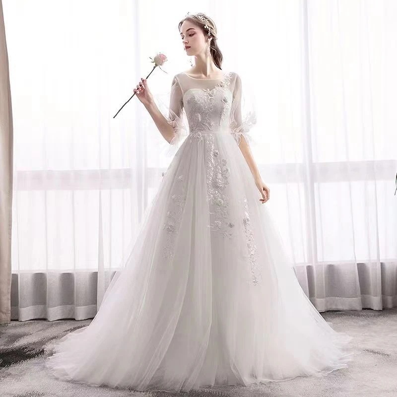 ウェディングドレス ウェディングドレス白 パーティードレス トレーンライン 花嫁ロングドレス 簡約 結婚式 露背 二次会 エレガント レース お呼ばれ 挙式
