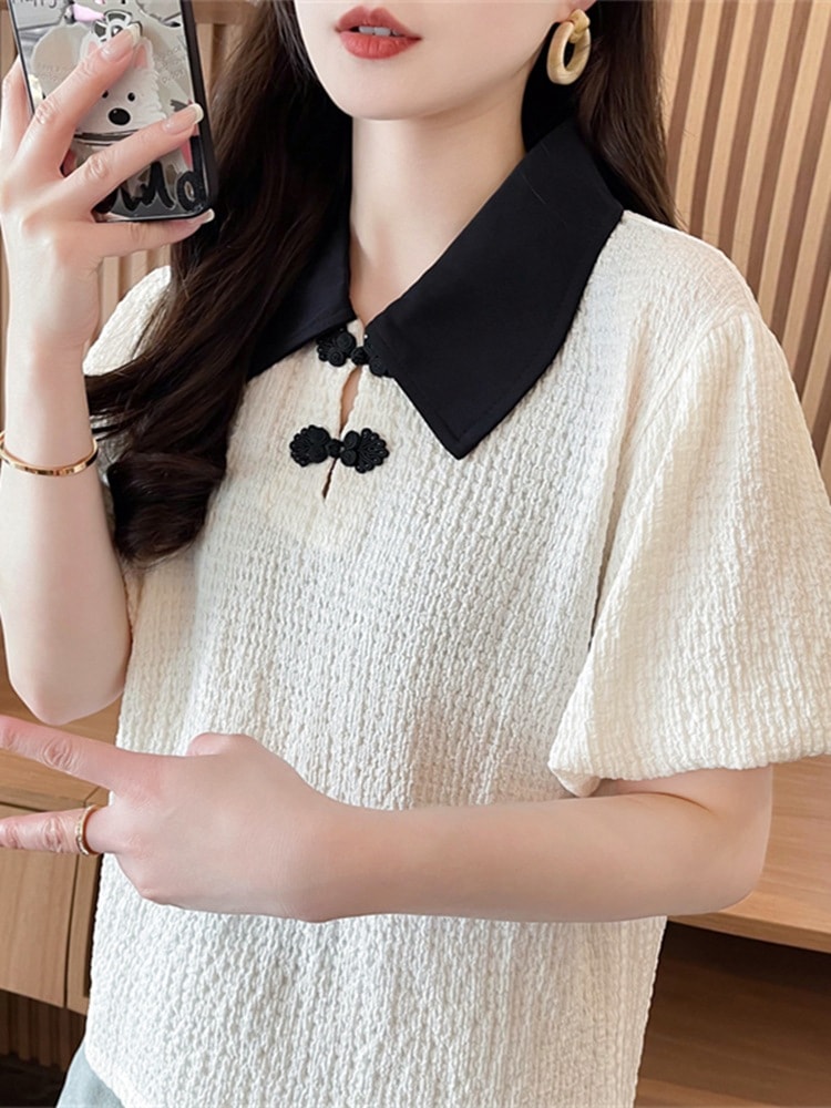 【1点ご購入 で10点プレゼントいたします】新中式半袖Tシャツ女性2025ゆったり衝突色ポロネックトップス