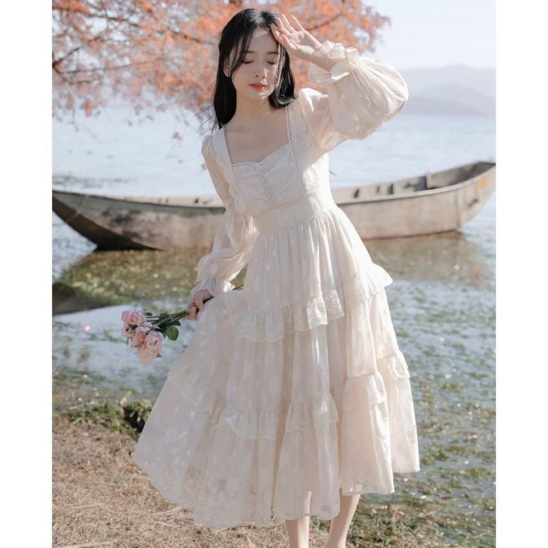 パーティードレス 春夏 新作 スクエアネックのワンピース フランス 復古 ティーブレイクドレス