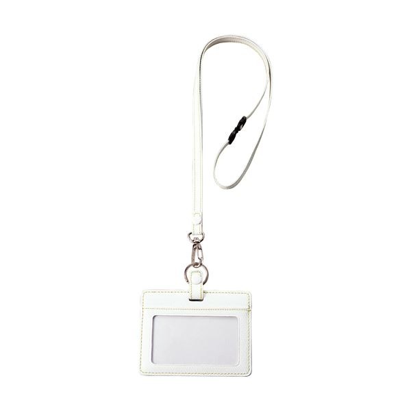 （まとめ） フロント本革製IDネームカードホルダー ヨコ型 ストラップ付 ホワイト INCHD-W 1個 [x3セット]