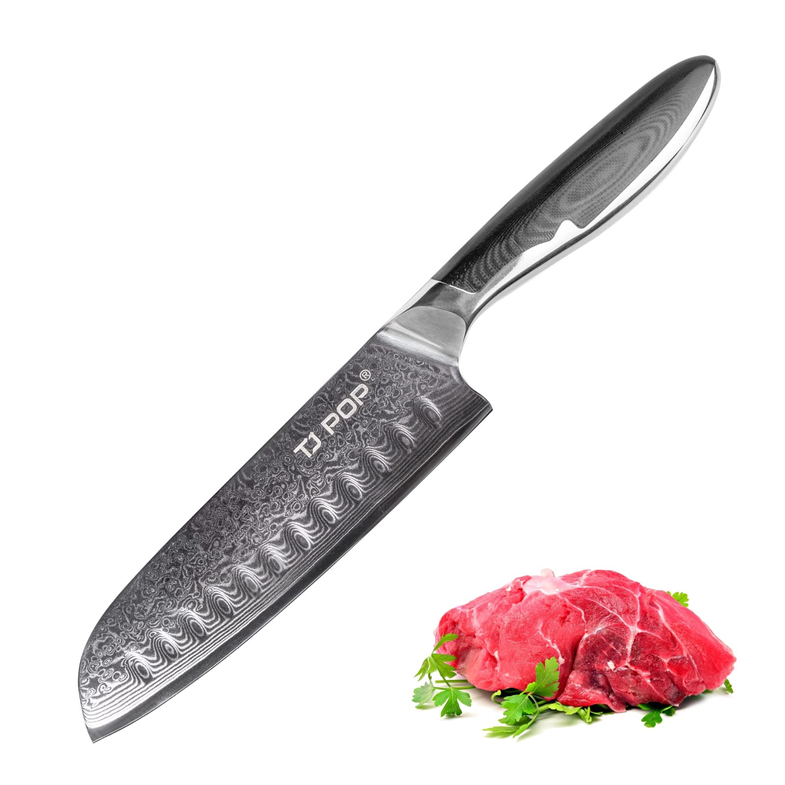 TJ POP 三徳包丁 ダマスカス鋼 美しい刃紋 万能キッチンナイフ 刃渡り17.5cm 超鋭利 切れ味が長持ちする 高耐久性 手にフィットする G10ガラス繊維ハンドル 家庭・業務兼用 DSS-80