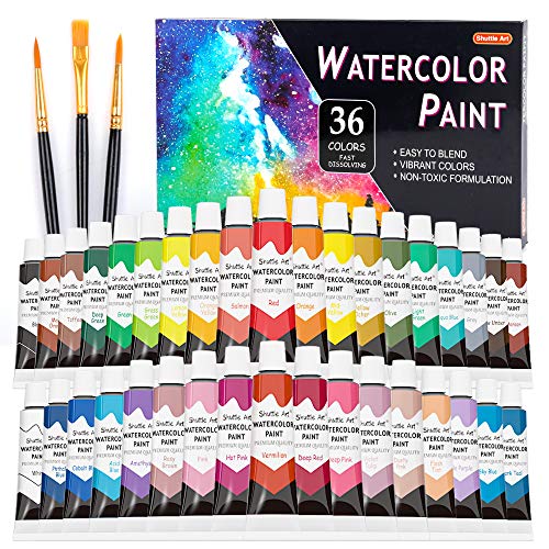 Shuttle Art 水彩絵の具 36色セット 透明水彩 12ml チューブ 大人の塗り絵 水彩画 お絵描き 美術 画材セット 学校用 幼稚園 初心者 専門家 プレゼント