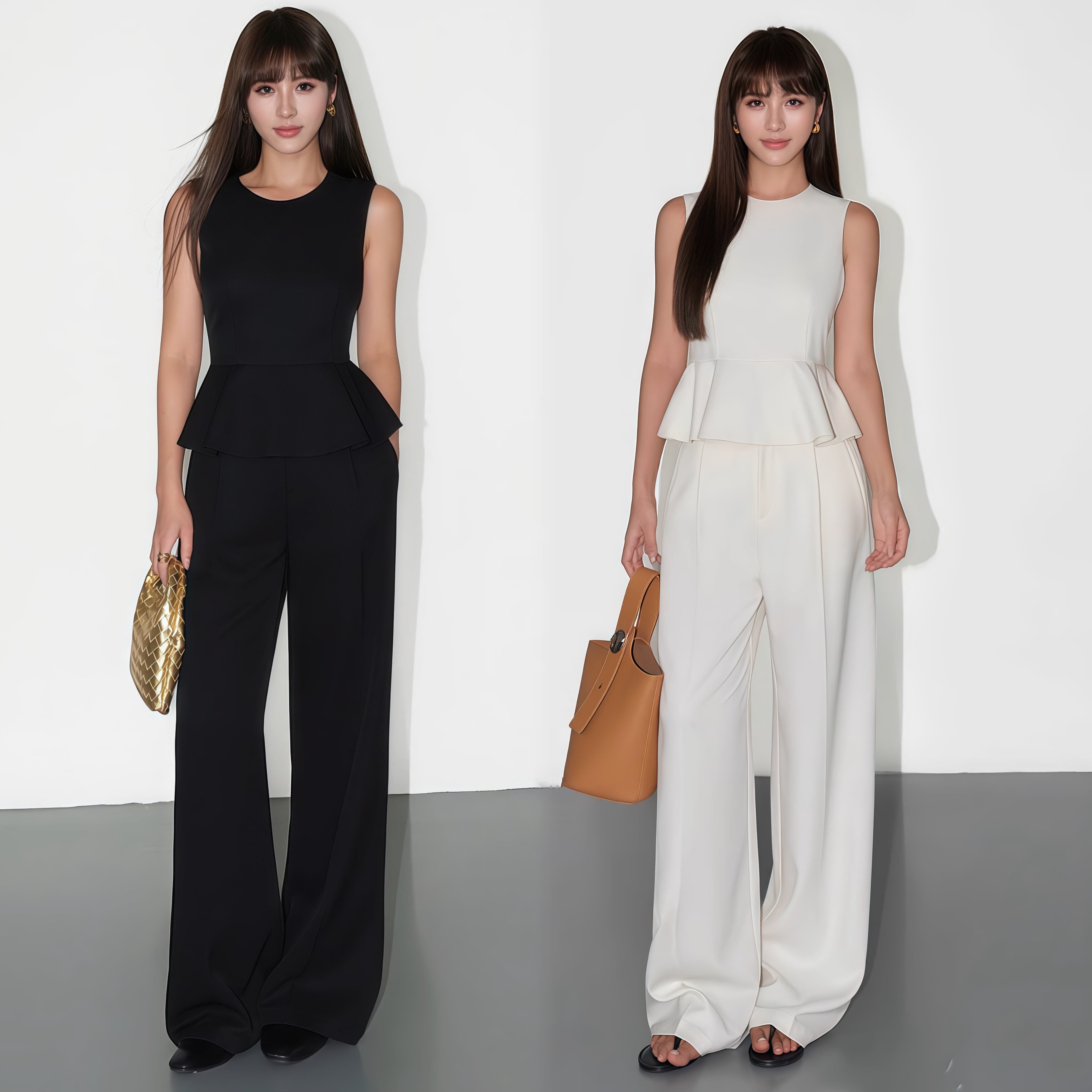 ペプラムノースリーブトップス×ワイドパンツ　上下セット