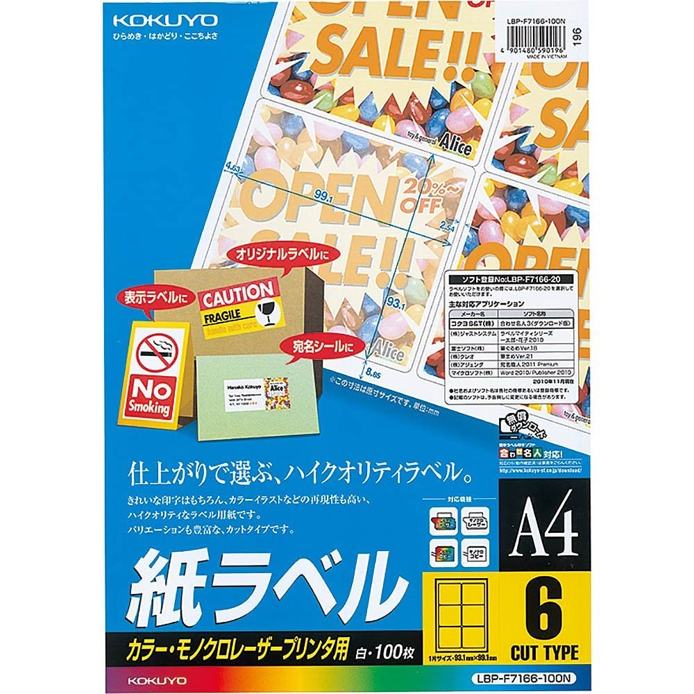 カラーレーザー&カラーコピー用 紙ラベル A4 6面 100枚 LBP-F7166-100N