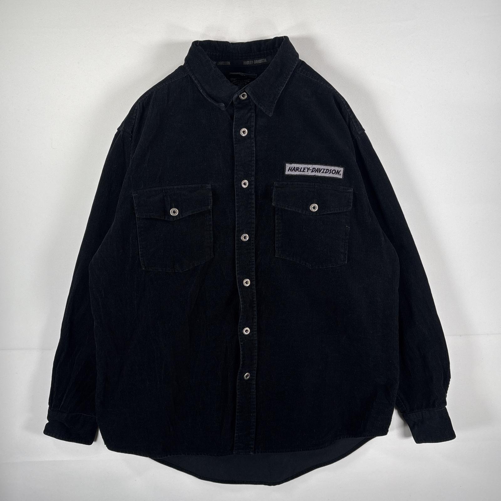 古着 コーデュロイ 長袖シャツ ワークシャツ ロゴワッペン L ブラック メンズ