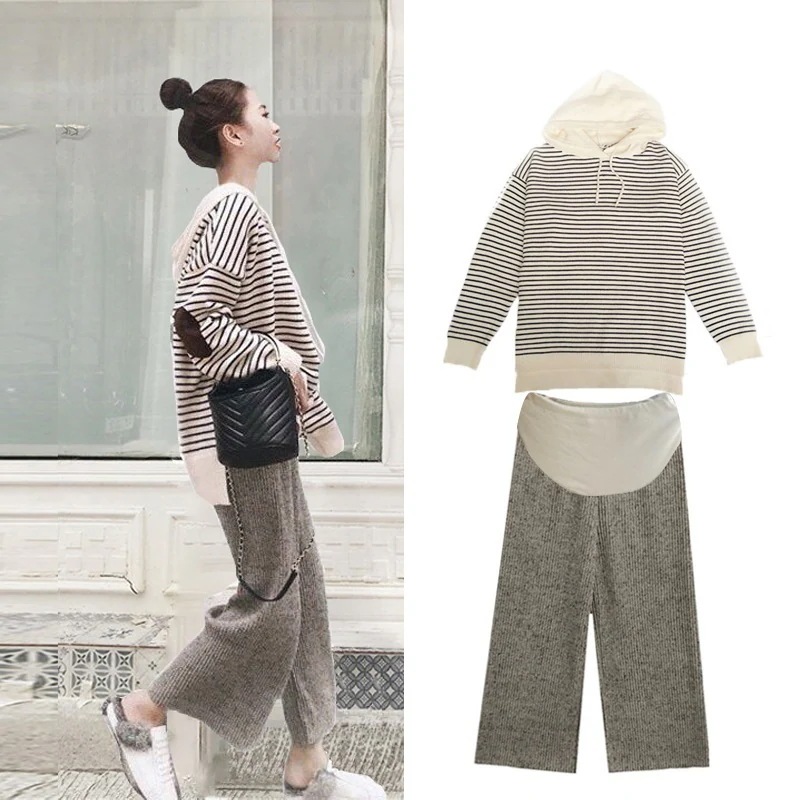 マタニティ パーカー＋パンツ セットアップ 2色 上下セット ボーダー フード付き