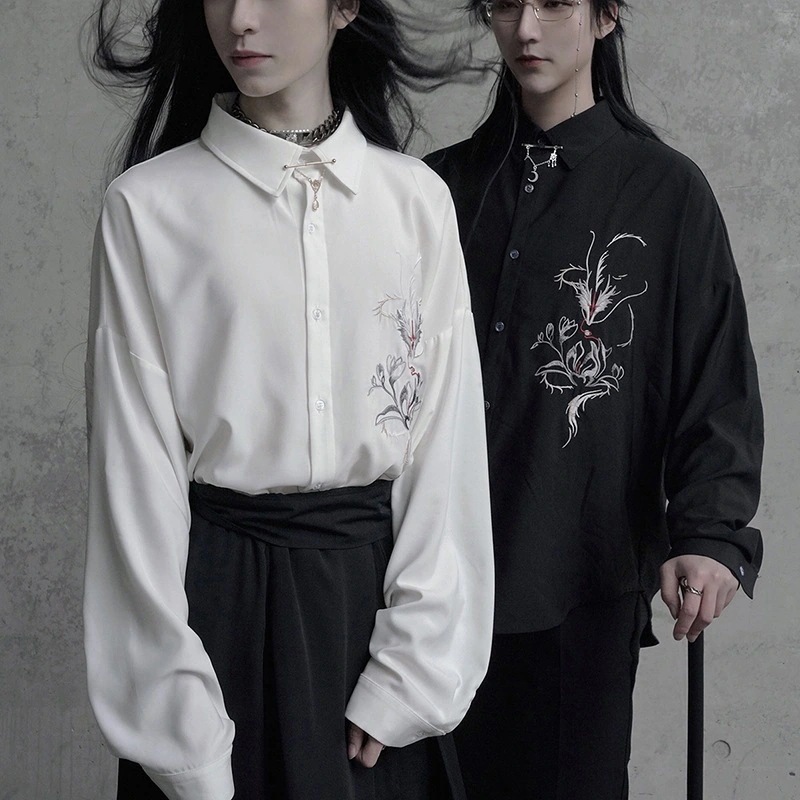 チャイナ風シャツ レディース 刺繍トップス メンズ ブラウス オリジナル 黒/白 男女兼用 龍紋
