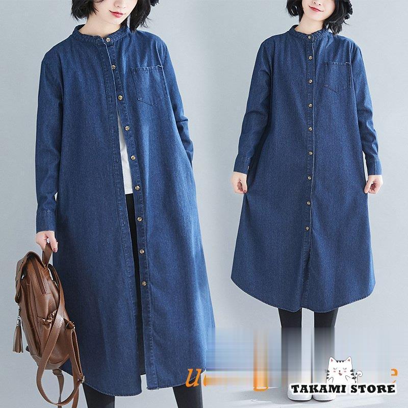 【即納】デニムワンピース レディース マキシ丈 シャツワンピース ロングワンピース 長袖 カジュアルコーデ 着痩せ 通勤 OL お出かけ 春秋