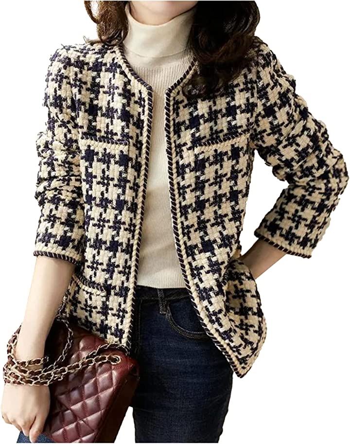 ノーカラージャケット レディース アウター ボレロ 格子柄( ブラック, XL)