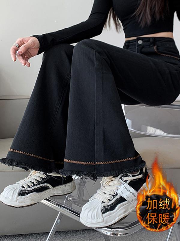 パンツ レディース 秋 冬 広 州 唐 ブラック ジーンズ 裏起毛 ハイウエスト 弾性 スリム フレア タッセル フロアレングス