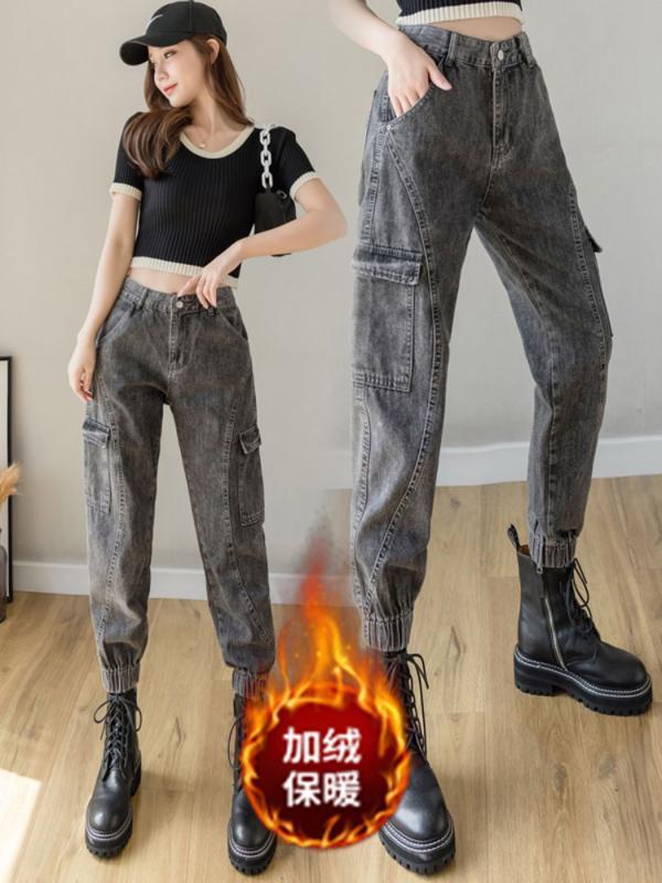 パンツ レディース 秋 冬 ベルベット 厚手 ワーク ジーンズ スリム キャロット ハイウエスト レギンス ダディ