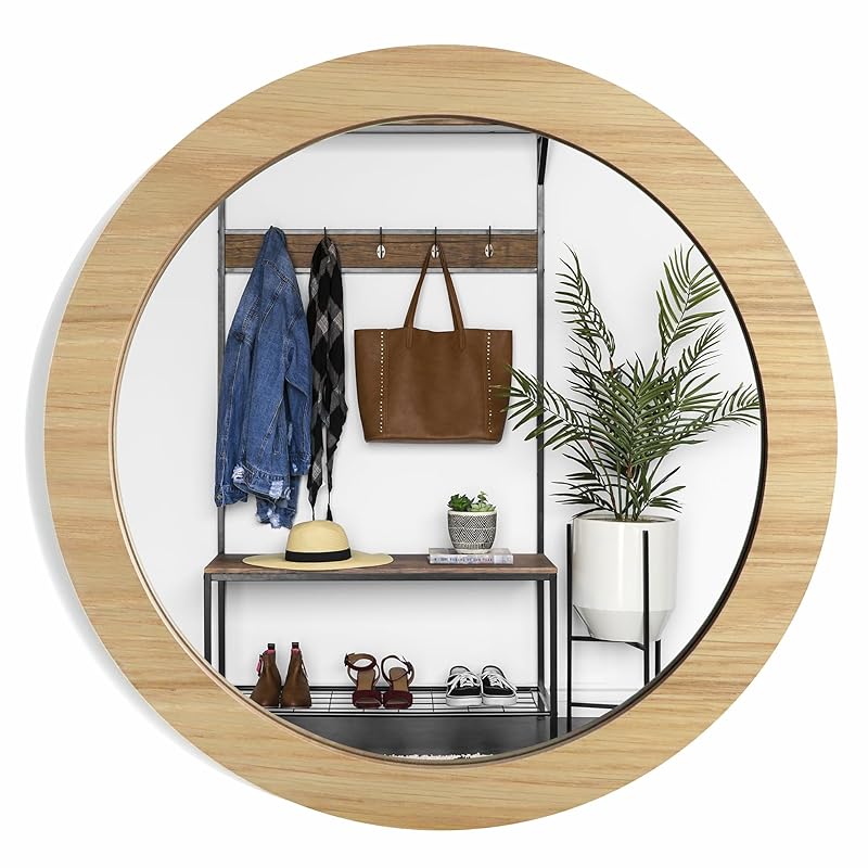 Hohoemi 壁掛け鏡 壁掛けミラー 鏡 天然木フレーム 丸型ミラー ウォールミラー インテリア 洗面 化粧 飛散防止加工 HD鏡面 モダン おしゃれ 玄関 リビング トイレ バスルーム 和室 円形