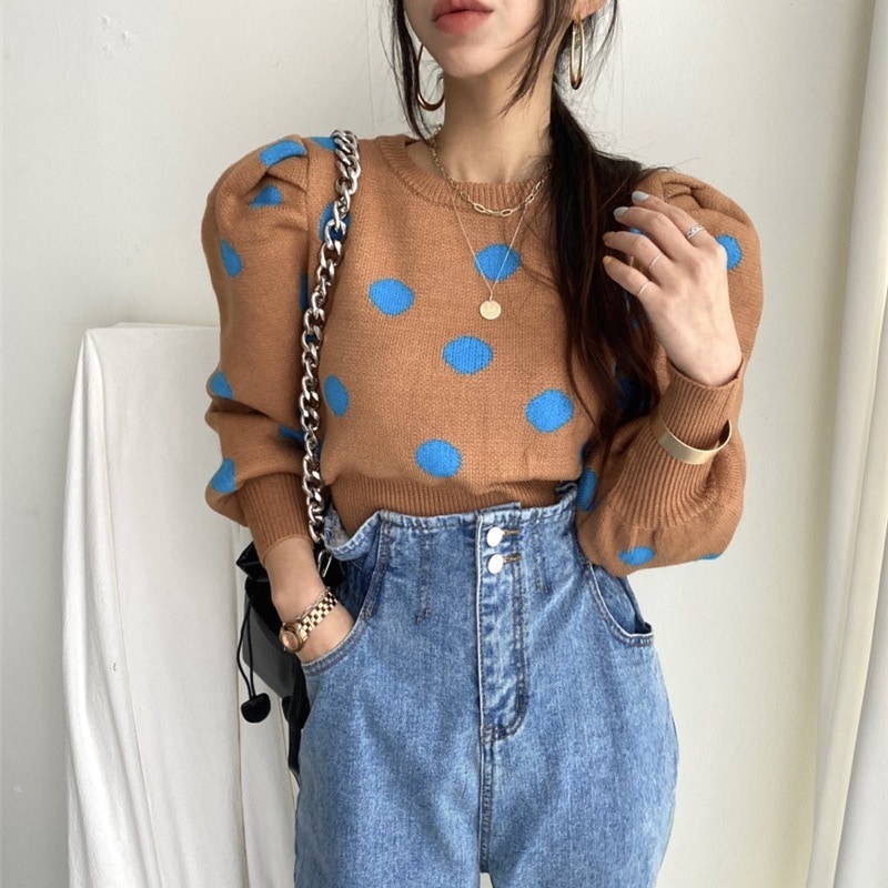 セーター ニットセーター ニット ドット柄 ラウンドネック パフスリーブ 長袖 ルーズ 韓国 レディース かわいい 可愛い キュート 大人可愛い 大人女子 シンプル きれいめ カジュアル