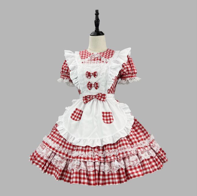 チェック柄 メイド服 可愛い 膝丈 メイドワンピース 半袖 メイドコスチューム メイド服 コスプレ ロリータ ワンピース メイド喫茶 cosplay エプロン ワンピ ハロウィン イベント 仮装 大き