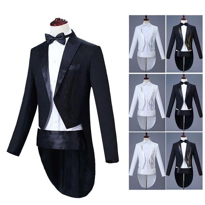 タキシード メンズ スーツ ステージ衣装 礼服 燕尾服 ジャケット ズボン スパンコール ステージ スーツジャケット きらきら 男性 スーツコート ミドル丈 演奏会