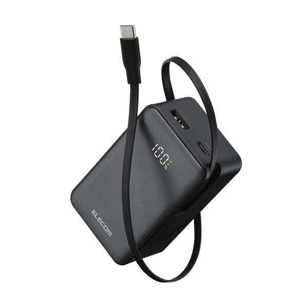 巻き取り式ケーブル一体型 モバイルバッテリー DE-C80L-10000BK 大容量 USB PD 対応 type-C usb-A 入出力 ブラック おまかせ充電 急速充電 日本メーカー