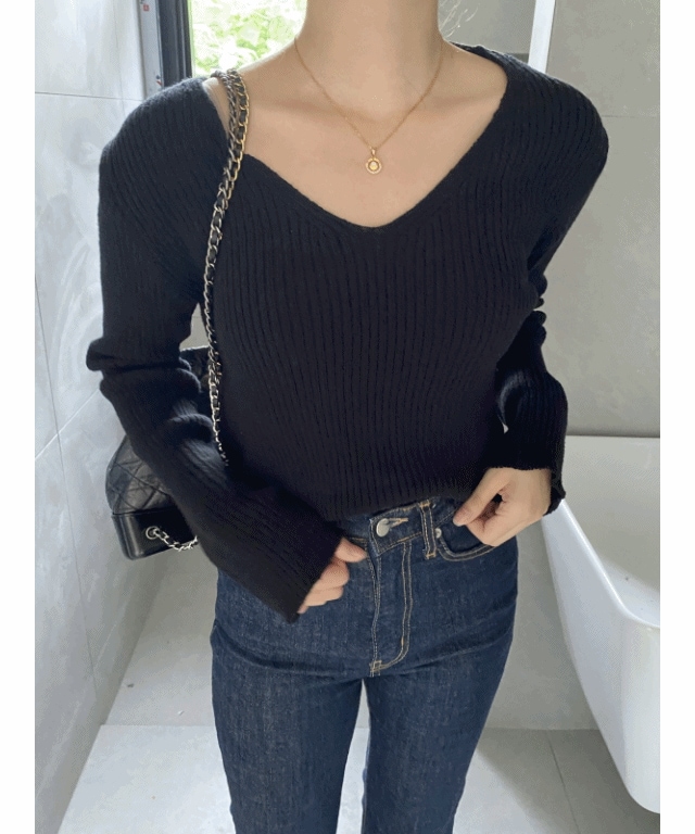 [か弱い] ボートネック ブイネック ツーウェイ スリムフィットリブニット