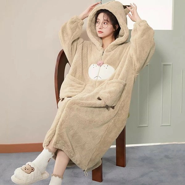 パジャマ ルームウェア ワンピース ガウン もこもこ モコモコパジャマ 冬用 着る毛布 暖かい あったか カーディガン ロング丈 マタニティウェア マタニティ 前開き バスローブ パジャマ 長袖 クリ