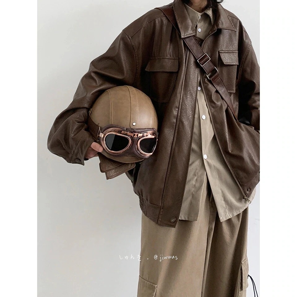 秋アウター日系レトロなごろつきがかっこいいpu機関車の皮衣男服学生性ブラウンの皮ジャケット30%制限