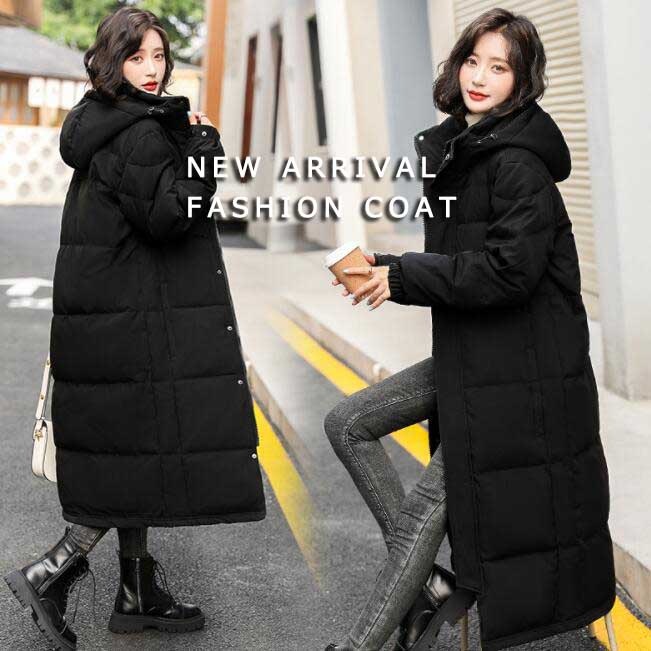 ダウンコート 新作 ブラック 無地 ロングコート レディース 女性 防寒対策 あったか 通勤 ビジネス お出かけ 普段着 カジュアル アウター 旅行 ファスナー フード付き ダックダ