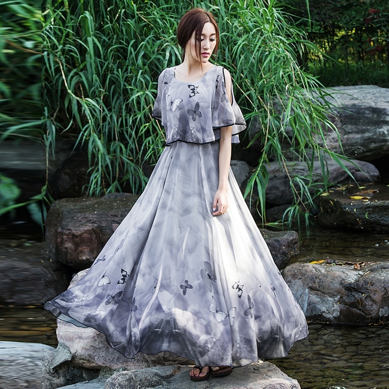 1947.シースルーフレアロングドレス（グレー蝶々）2019 春夏 sale 春夏 sale ワンピース 花柄 Uネック 五分袖 エレガント お呼ばれ パーティー 結婚式 披露宴 女子会 レストラン