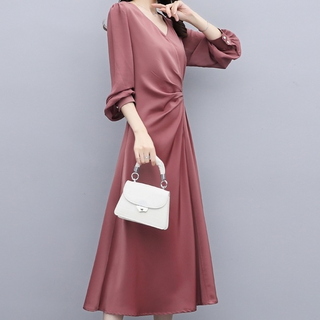 ワンピース ロング 送料無料 3色 フレア ティアードワンピース プリーツ Vネック 巻き シャツワンピース ウエストタック 半袖 襟なし ノースリーブ タック ドレープ 袖あり ビッグシルエット オ