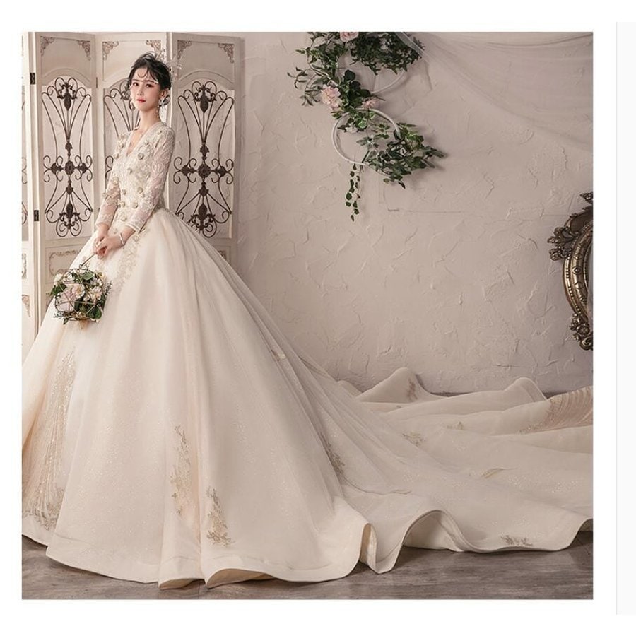 袖あり 超豪華 トレーンドレス 高級感 ウエディングドレス ロングドレス パーティードレス 発表会