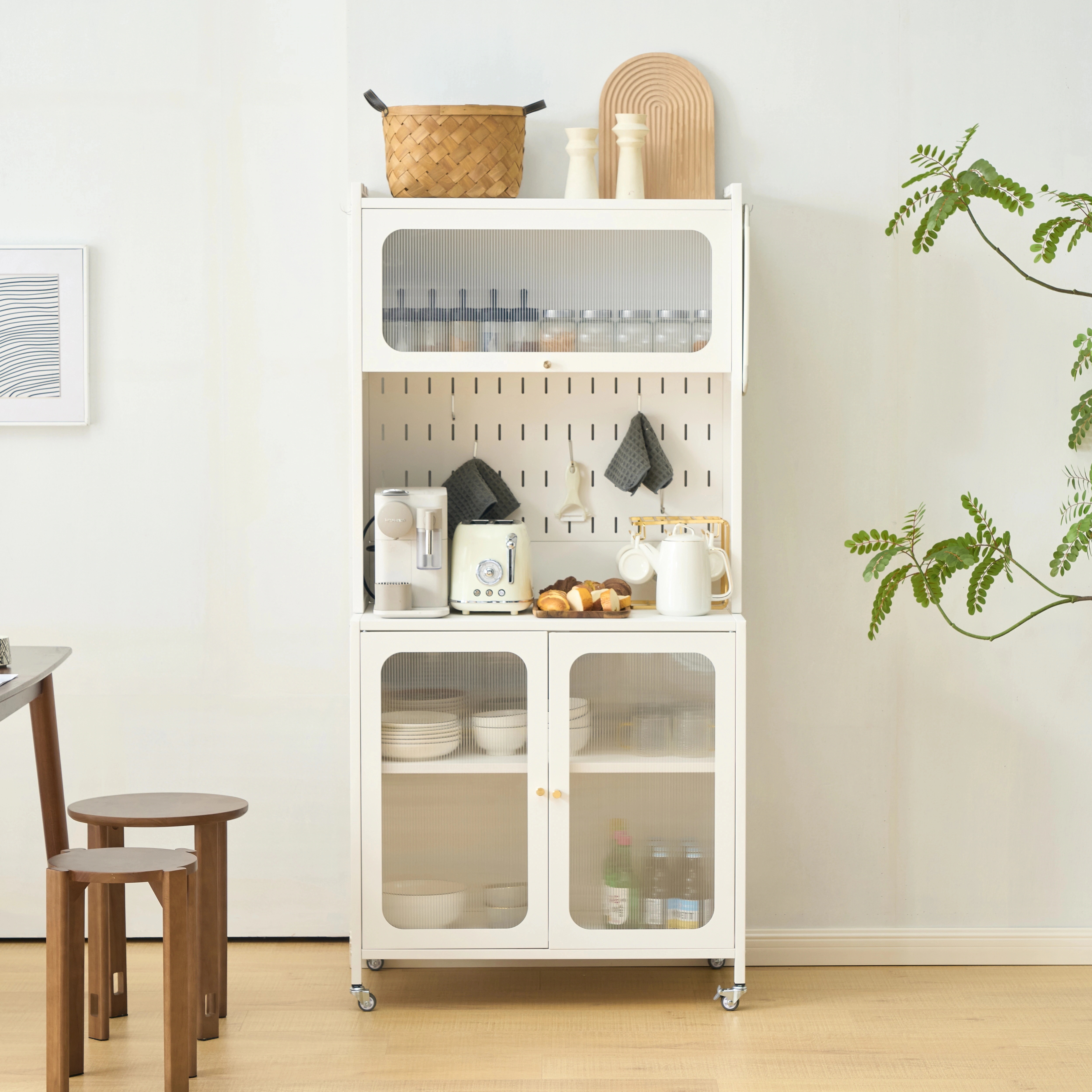 [国内発送]21食器棚 キッチンカウンター スリム キッチン収納 ガラス扉 キッチンワゴン キッチンボード おしゃれ キッチンキャビネット キッチンストッカー 80cm カップボード レンジ台 収納 14,140円