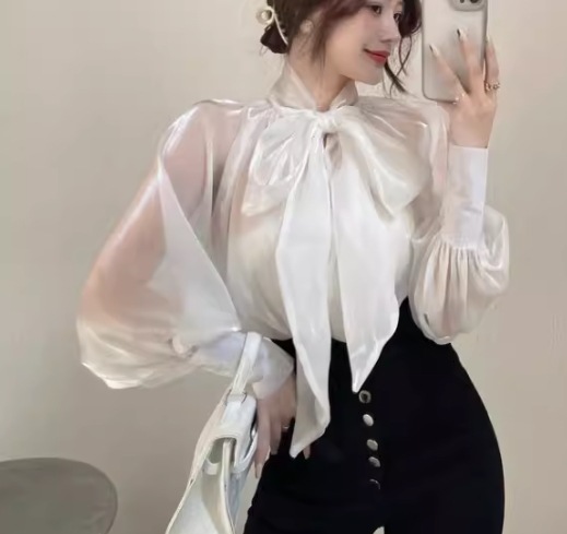 レディース トップス シャツ ブラウス ミドル丈 長袖 ボリューム袖 パフスリーブ ランタンスリーブ ラウンドネック りぼんタイ フェミニン シフォン ボタン 薄手 大人可愛い きれいめ シンプル