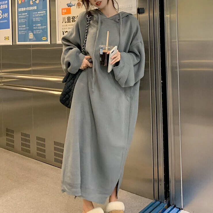 ワンピース レディース ニット セーター プルオーバー ニットスカート ロング ロング丈 マキシ丈 ミディアム丈 膝下 袖あり 長袖 襟なし Vネック フード フード付き 可愛い かわいい 大人