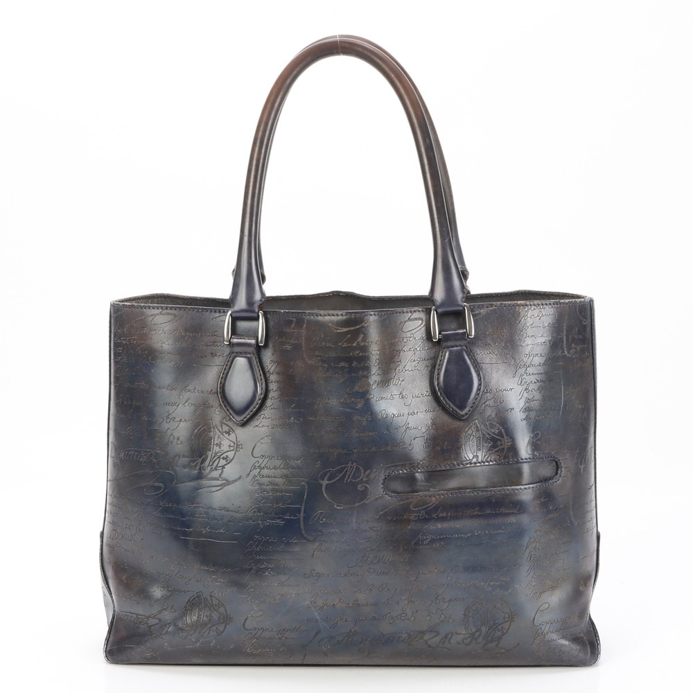 美品 カリグラフィ トゥジュール レザー トート バッグ ショルダー ビジネス 通勤 書類鞄 ネイビー 紺 A4 メンズ EEE BG18-1 中古