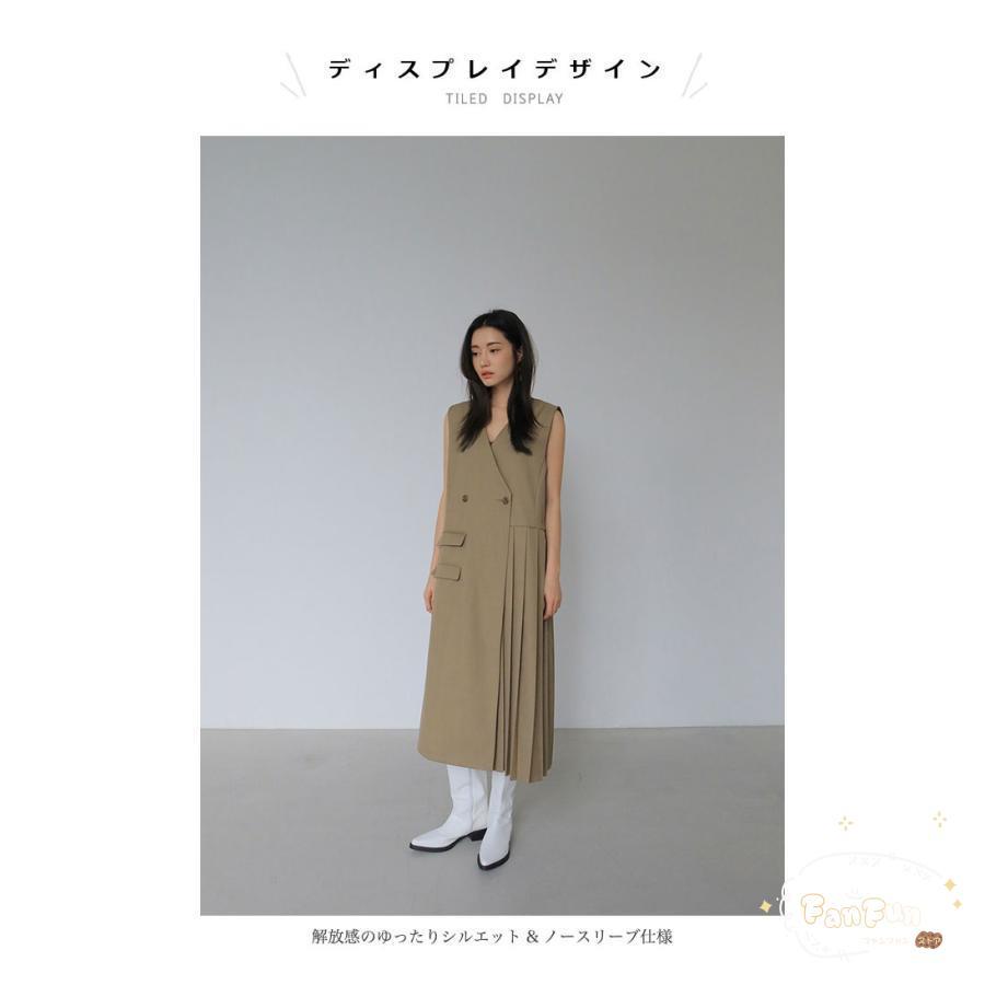 ロングワンピ ノースリーブ アシンメトリー レディース プリーツワンピース 前開き ベストワンピ ロングベスト レイヤードコーデ 春 ロングジレ 夏