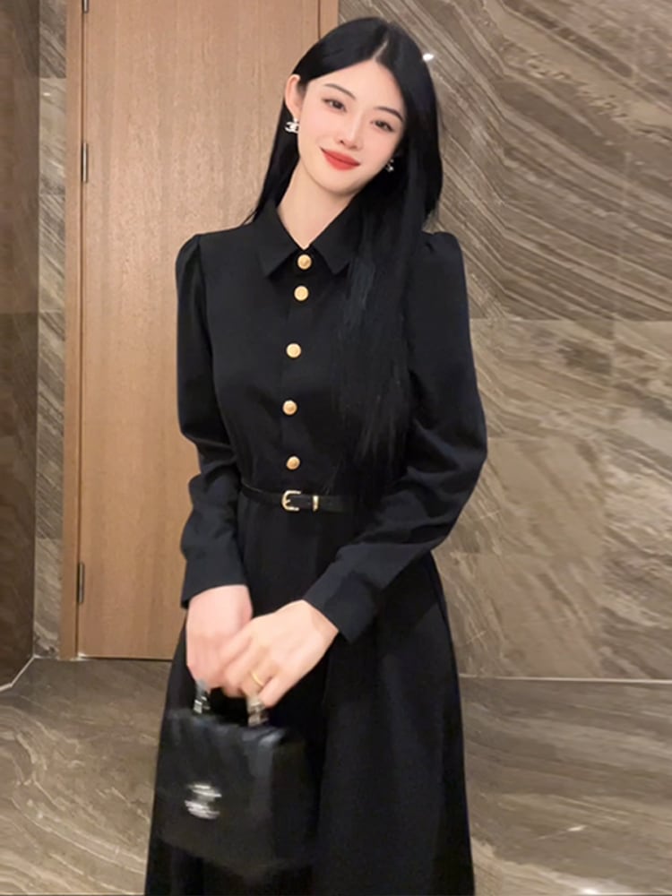 ヘップバーン風長袖ワンピース子供フレンチロングワンピース初秋服2023新作初秋インナーボトムス